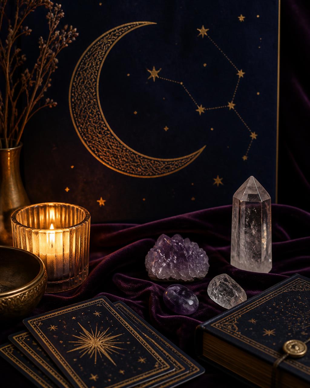 Gold crescent moon artwork with candlelight, crystals and tarot cards