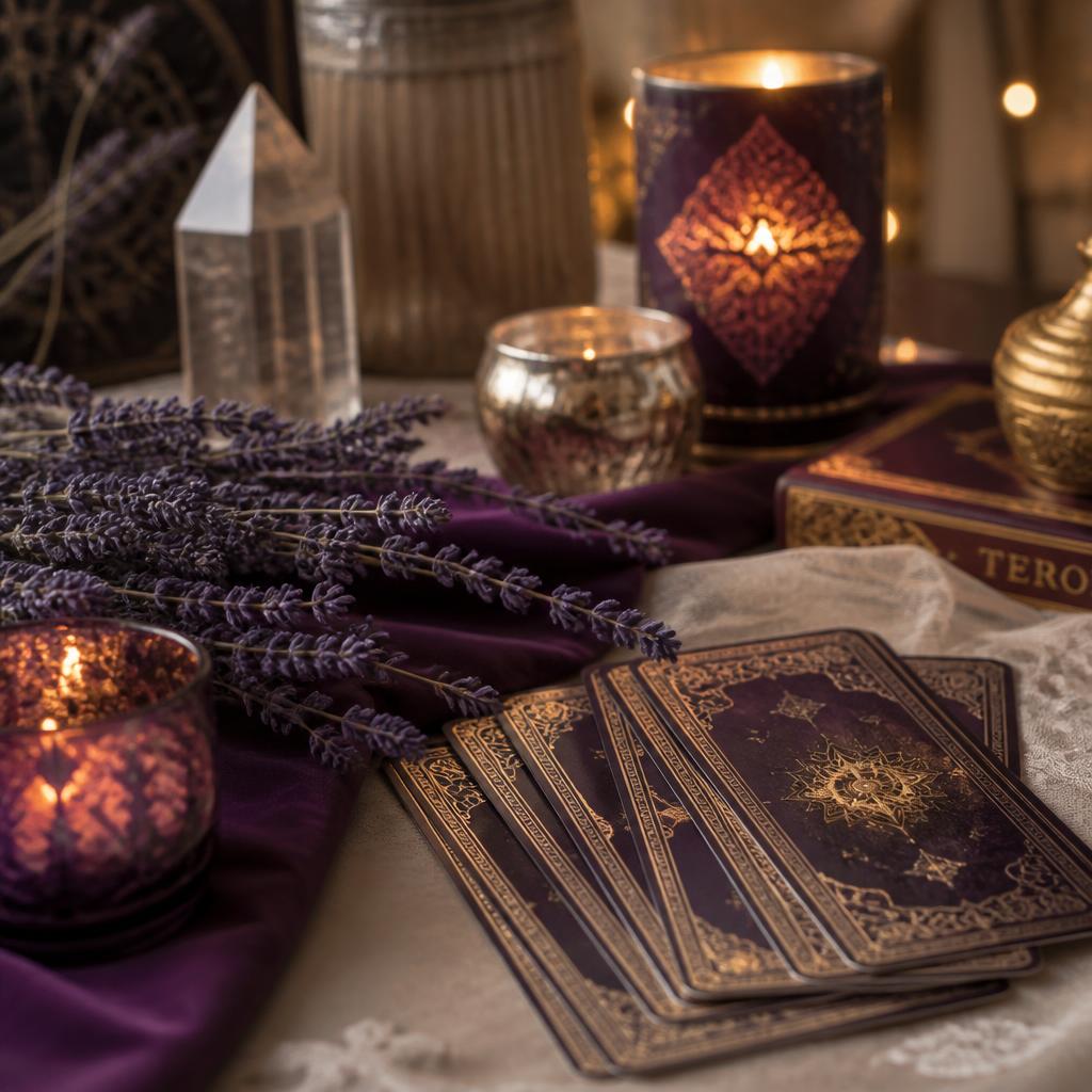 Candlelit reading table with lavender, crystals and gold-edged tarot cards